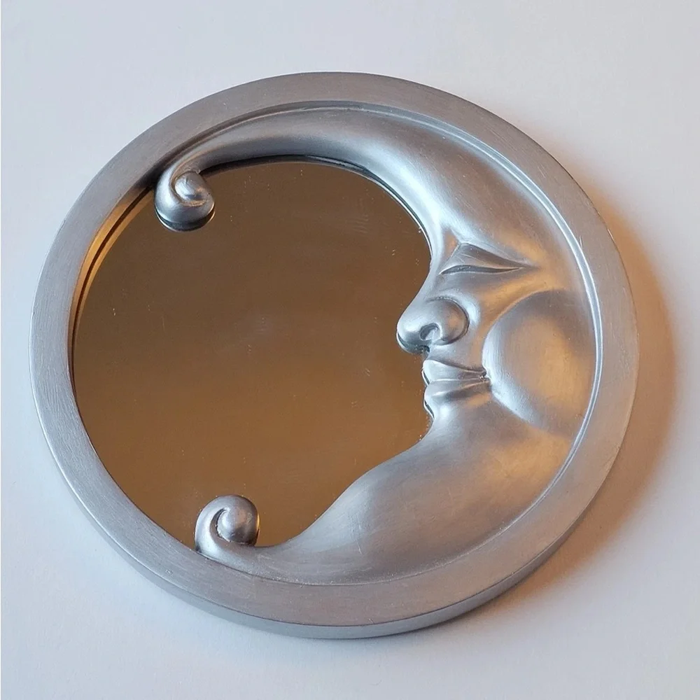 Vintage Retro 90s Y2K Silver Circle Crescent Moon Wall Accent Celestial Mirror